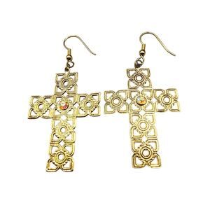 Pierced Filigree Cross Earrings Sparkly Rhinestone Gold Tone Religious Theme